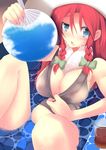  bare_legs bare_shoulders between_breasts blue_eyes blush bow braid breasts cleavage fan hair_bow hat highres hong_meiling hot large_breasts long_hair looking_at_viewer red_hair see-through sitting solo sukage symbol-shaped_pupils tank_top touhou towel twin_braids water 