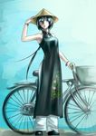  bicycle black_hair blue_eyes cheongsam china_dress chinese_clothes chinese_dress dress hat long_hair pants sukumo_(kemutai) 