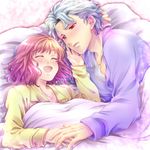  1girl :d ^_^ blue_hair blush closed_eyes collarbone couple hand_on_another's_face hetero lying on_back on_side open_mouth protagonist_(tokimemo_gs3) red_eyes red_hair sahannji shitara_seiji short_hair smile tokimeki_memorial tokimeki_memorial_girl's_side_3rd_story under_covers 