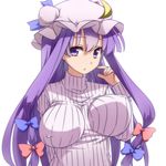  bouncing_breasts breasts covered_nipples crescent hair_ribbon impossible_clothes impossible_sweater large_breasts long_hair patchouli_knowledge purple_eyes purple_hair ribbed_sweater ribbon solo sweater tori_(minamopa) touhou unaligned_breasts upper_body 