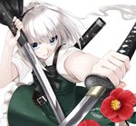  bad_id bad_pixiv_id black_hairband camellia dual_wielding flower hairband holding katana konpaku_youmu looking_at_viewer outstretched_arm short_hair silver_eyes silver_hair simple_background solo sword takemori_shintarou touhou weapon white_background 