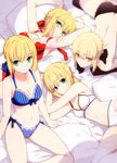  ahoge alternate_costume alternate_hairstyle arm_support armpits artoria_pendragon_(all) ass bed bra breasts fate/extra fate/stay_night fate/unlimited_codes fate/zero fate_(series) green_eyes hair_bun hair_ribbon highres lingerie lying medium_breasts multiple_girls navel nero_claudius_(fate) nero_claudius_(fate)_(all) non-web_source official_art panties pillow ponytail ribbon saber saber_alter saber_lily sitting smile takeuchi_takashi thighhighs topless underwear underwear_only yellow_eyes 