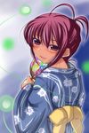  blue_kimono blush fan hair_up highres hoshizora_ikuyo japanese_clothes kimono nishi_koutarou paper_fan precure red_eyes red_hair smile smile_precure! solo uchiwa upper_body yukata 