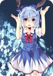  animal_ears bad_id bad_pixiv_id blue_eyes blue_hair blush bow bunny_ears cirno detached_wings ginzuki_ringo hair_bow highres ice ice_wings open_mouth puffy_sleeves short_hair short_sleeves solo touhou wings 