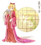  blonde_hair blue_eyes blush fan flower folding_fan gurande_(g-size) hair_flower hair_ornament highres japanese_clothes kimono lily_(flower) long_hair oversized_clothes ribbon shadow solo tabi toshinou_kyouko wide_sleeves yuru_yuri 