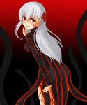  bad_hands bad_id bad_pixiv_id dark_persona dark_sakura dress fate/stay_night fate_(series) from_behind hair_ribbon long_hair mato9778 matou_sakura red_eyes ribbon smile solo white_hair 