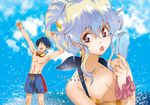  1boy 1girl alternate_hairstyle blue_hair couple drill earrings food goggles goggles_around_neck hair_ornament hairclip hetero highres jewelry multicolored_hair nia_teppelin ponytail popsicle shirtless simon symbol-shaped_pupils tengen_toppa_gurren_lagann tongue two-tone_hair yukimitsuki 
