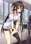  black_hair black_legwear blush chair collarbone desk gym_shorts gym_uniform kuwashima_rein long_hair original red_eyes school_desk shorts single_thighhigh solo thighhighs undressing window 