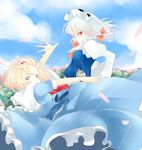  ajiriko alice_margatroid banned_artist blonde_hair blue_eyes bow braid cloud day hair_bow hairband izayoi_sakuya long_sleeves maid maid_headdress multiple_girls pocket_watch puffy_sleeves red_eyes sash short_hair short_sleeves side_braid silver_hair single_braid sky smile touhou watch 