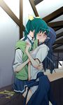  aoki_reika blue_hair blue_hakama blush closed_eyes couple green_hair hair_ornament hair_ribbon hakama japanese_clothes kiss long_hair midorikawa_nao multiple_girls nanairogaoka_middle_school_uniform necktie open_clothes open_shirt ponytail precure ribbon school_uniform shirt short_hair sleeves_rolled_up smile smile_precure! sweater_vest takano_saku yuri 