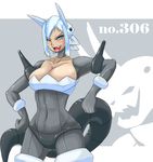  1girl aggron armor blue_eyes blue_hair breasts cleavage fang hips large_breasts milf monster_girl naughty_face personification pokemon silver_hair smile solo standing tail tongue tongue_out wide_hips 