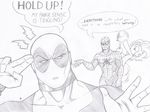  black_and_white crossover deadpool dialog dialogue english_text equine female friendship_is_magic horse human joey-darkmeat male mammal marvel monochrome my_little_pony pin pinkie_pie_(mlp) pony spider-man text 