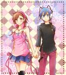  1girl blue_eyes blue_hair blush brown_eyes brown_hair couple hairband hasumi_hiko headphones hetero holding_hands jewelry megami_ibunroku_devil_survivor necklace protagonist_(devil_survivor) ribbon skirt smile tanigawa_yuzu thighhighs 