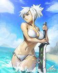  absurdres artist_name bikini blue_eyes breasts cloud day highres league_of_legends medium_breasts navel ocean oz_(gerbera7) riven_(league_of_legends) side-tie_bikini sky solo swimsuit water white_bikini white_hair 