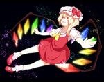  ascot ayatan-kiri bad_id bad_pixiv_id blonde_hair blush bow crystal flandre_scarlet hat hat_bow highres open_mouth outstretched_arms puffy_sleeves short_hair short_sleeves side_ponytail solo touhou wings yellow_eyes 