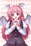  bat_wings blush breasts hands_clasped head_wings koakuma large_breasts long_hair long_sleeves open_mouth own_hands_together red_eyes red_hair skirt smile solo touhou uzura_purin vest wings 