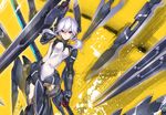  2d bodysuit breasts dual_wielding holding looking_at_viewer mecha_musume mechanical_arm original red_eyes robotic_legs silver_hair small_breasts solo twintails weapon 
