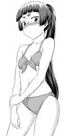  ao_no_exorcist bikini blush eyebrows front-tie_top greyscale holding_arm kamiki_izumo long_hair monochrome navel ponytail shinogi_a-suke solo swimsuit 