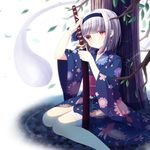  alternate_costume bad_id bad_pixiv_id blush floral_print highres japanese_clothes katana kimono konpaku_youmu konpaku_youmu_(ghost) looking_at_viewer obi partially_submerged rairateru red_eyes sash scabbard sheath short_hair silver_hair sitting smile solo sword touhou tree unsheathing water weapon wind 