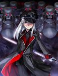  armor girl_arms girl_arms_war glasses gloves hat hat_over_one_eye helmet highres iron_cross long_hair looking_at_viewer military military_hat military_uniform monocle original peaked_cap red_eyes robot solo stahlhelm sword uniform weapon white_gloves white_hair world_war_ii zeco 