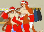  biceps christmas chubby clothed clothing dressing_room duo feline gloves hat holidays legwear male mammal muscles skimpy stockings tiger unknown_artist xmas 