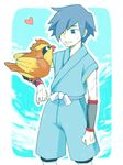  blue_background blue_eyes blue_hair gen_1_pokemon hair_over_one_eye hayato_(pokemon) heart japanese_clothes pidgey pokemon pokemon_(creature) pokemon_(game) pokemon_gsc scar simple_background smile tegaki 