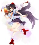  bad_id bad_tinami_id black_hair black_wings fan feathered_wings geta hat holding looking_at_viewer mitsukura_chikage outstretched_arm red_eyes ribbon shameimaru_aya short_hair simple_background skirt solo tokin_hat touhou white_background wings 
