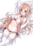  animal_ears arm_up asuna_(sao) bell blush bra breasts brown_eyes brown_hair cat_ears cat_tail elbow_gloves frills gloves groin highres long_hair looking_at_viewer lying matsuryuu medium_breasts on_back panties solo sword_art_online tail tail_bell thighhighs underwear underwear_only 
