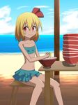  bandeau beach bikini bikini_skirt blonde_hair bow bowl bowl_stack cato_(monocatienus) chair chopsticks cloud collarbone day flat_chest food food_on_face hair_bow highres kamaboko midriff narutomaki navel noodles outdoors red_eyes rumia short_hair sitting skirt sky smile solo strapless swimsuit table touhou tubetop water 