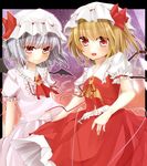  ascot bad_id bad_pixiv_id bat_wings blonde_hair bow flandre_scarlet hair_bow harachi_mei hat hat_bow highres jewelry multiple_girls puffy_sleeves red_eyes remilia_scarlet short_hair short_sleeves siblings side_ponytail silver_hair smile touhou wings 