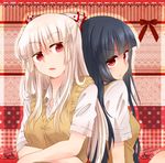  alternate_costume back-to-back black_hair bow crossed_arms frown fujiwara_no_mokou hair_bow hime_cut houraisan_kaguya lace_background long_hair looking_at_viewer multiple_girls open_mouth polka_dot polka_dot_background red_background red_eyes shine5s short_sleeves striped striped_background sweater_vest touhou upper_body white_hair 