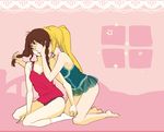  bare_shoulders barefoot blonde_hair braid brown_hair covering_eyes eringi_oishii hand_on_another's_face holding holding_hair kiss kneeling long_hair madotsuki multiple_girls panties pink pink_background poniko ponytail sitting star twin_braids underwear underwear_only wariza window yume_nikki yuri 