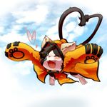  animal_ears animal_hood bad_id bad_pixiv_id blazblue blush cat cat_ears cat_focus cat_hood closed_eyes eyepatch fang furry heart heart_tail hood jubei_(blazblue) jumping multiple_tails paws solo tail 