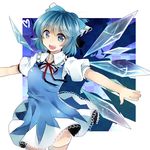  bad_id bad_pixiv_id blue_eyes blue_hair blush bow cirno dress hair_bow ice ice_wings koyuri_shouyu open_mouth outstretched_arms short_hair short_sleeves smile solo spread_arms thighhighs touhou wings 