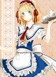  adapted_costume alice_margatroid apron bad_id bad_pixiv_id blonde_hair blue_eyes blush bow capelet cup hairband highres looking_at_viewer maid necktie nonomiya_(817nono) short_hair short_sleeves smile solo teacup teapot touhou 