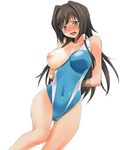  a1 arms_behind_back black_eyes black_hair blush breast_slip breasts cameltoe competition_swimsuit large_breasts long_hair muvluv muvluv_alternative muvluv_total_eclipse nipples one-piece_swimsuit one-piece_tan one_breast_out simple_background solo sweat swimsuit takamura_yui tan tanline wardrobe_malfunction white_background 