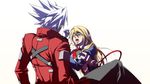  1girl bare_shoulders black_pants blazblue blonde_hair blush crying crying_with_eyes_open detached_sleeves game_cg green_eyes hitting jacket long_hair noel_vermillion official_art open_mouth pants ragna_the_bloodedge spiked_hair sweater tears uniform white_hair 