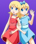  2girls arm_in_arm blonde_hair blue_eyes bow cute dress hair_bow hairbow jewelry lisa_simpson locked_arms maggie_simpson multiple_girls necklace pearl pearls siblings sisters smile the_simpsons xenokurisu 