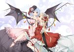  alternate_hairstyle ankle_cuffs arm_ribbon bare_shoulders barefoot bat_wings blonde_hair blue_hair dress flandre_scarlet flower hair_flower hair_ornament highres holding_hands huayue large_wings leg_garter looking_at_viewer multiple_girls no_hat no_headwear red_eyes remilia_scarlet ribbon short_hair siblings side_ponytail sisters thighhighs touhou wings 