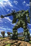  artist_request bazooka gun gundam gundam_0083 highres machine_gun mecha mountain no_humans shield weapon zaku zaku_ii zaku_ii_f2 