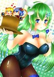  animal_ears bare_shoulders black_legwear blonde_hair blue_eyes blue_hair blush breasts bunny_ears bunny_girl bunny_tail bunnysuit cleavage closed_eyes detached_collar frog_hair_ornament green_hair hair_ornament hair_tubes highres kiss kochiya_sanae large_breasts leaf leotard long_hair minigirl moriya_suwako multiple_girls pantyhose pyonta rope shimenawa short_hair skirt smile tail touhou valentyne_(artist) wrist_cuffs yasaka_kanako 