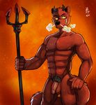  balls biceps black_nose canine donryu flaccid front fur grin half-erect holding horn humanoid_penis male mammal muscles naughty_face nipples nude orange_theme pecs penis polearm pubes red_body red_fur smile smoke_through_nose solo standing trident vasuki warm_colors yellow_eyes 