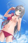  ahoge aqua_eyes bad_id bad_pixiv_id bikini bikini_top_removed breasts collarbone haiyore!_nyaruko-san long_hair navel nyarlathotep_(nyaruko-san) silver_hair small_breasts smile solo standing swimsuit tokumaro topless very_long_hair water 