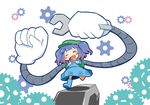 &gt;_&lt; :d backpack bag blue_hair chibi closed_eyes gears hair_bobbles hair_ornament hat kawashiro_nitori key mechanical_arm open_mouth raado_(punipara) smile solo touhou two_side_up wrench xd 