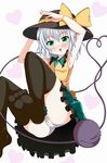  absurdres armpits black_legwear bow furagu green_hair hat hat_bow highres komeiji_koishi open_mouth outstretched_arms panties short_hair silver_hair sleeveless solo thighhighs third_eye touhou underwear white_panties 