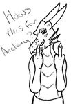  clothing dragon facial_markings horn markings middle_finger pants profile question scalie smirk text 