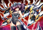  body_suit bodysuit breasts chimeratech_overdragon cleavage cyber_dragon duel_monster green_eyes highres multiple_heads purple_hair red_eye red_eyes tail thighhighs yu-gi-oh! yuu-gi-ou_duel_monsters zheyi_parker 