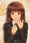  against_wall amagami blush brown_eyes brown_hair open_mouth school_uniform sweatdrop takeru_(at_will) tanaka_keiko upper_body wavy_mouth 