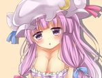  blush bow breasts cleavage collarbone covered_nipples crescent deetamu face hair_bow hat hat_ribbon large_breasts long_hair open_mouth patchouli_knowledge purple_eyes purple_hair ribbon solo striped touhou vertical_stripes 