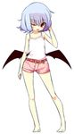  ;d bare_legs bare_shoulders barefoot blue_hair casual collarbone contemporary contrapposto holding low_wings one_eye_closed open_mouth red_eyes remilia_scarlet shamo_(koumakantv) short_hair short_shorts shorts simple_background smile solo standing tank_top touhou white_background wings 